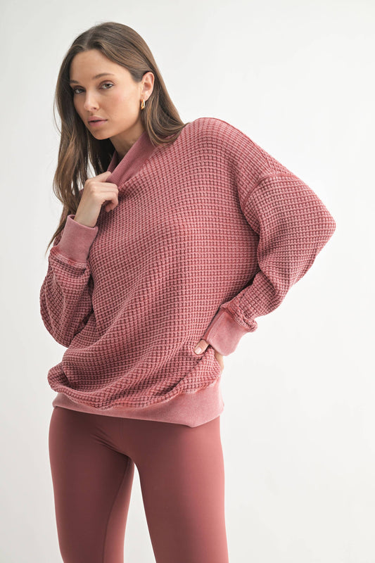 Chunky Waffle Mineral Wash Mock Neck Sweater