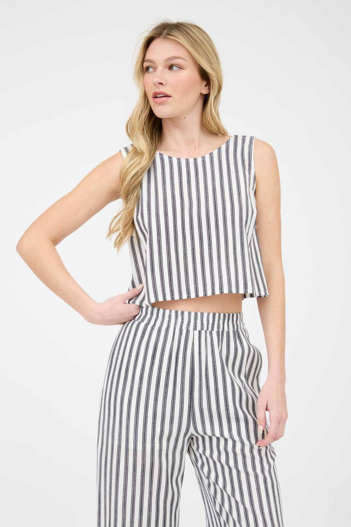STRIPE LINEN BACK TIE DETAIL SLEEVELESS TOP