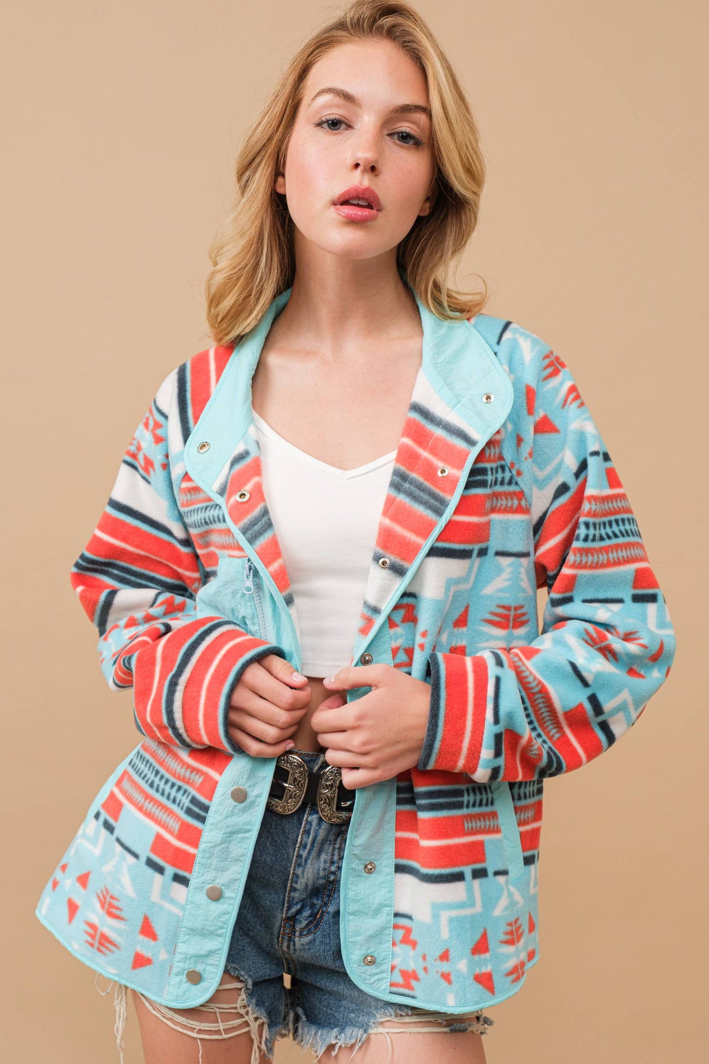 Cozy Aztec Fleece Print Outdoor Jacket