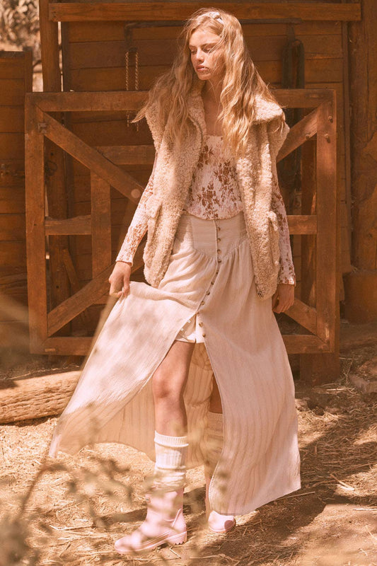 Textured Smocked Yoke Woven Maxi Skirt