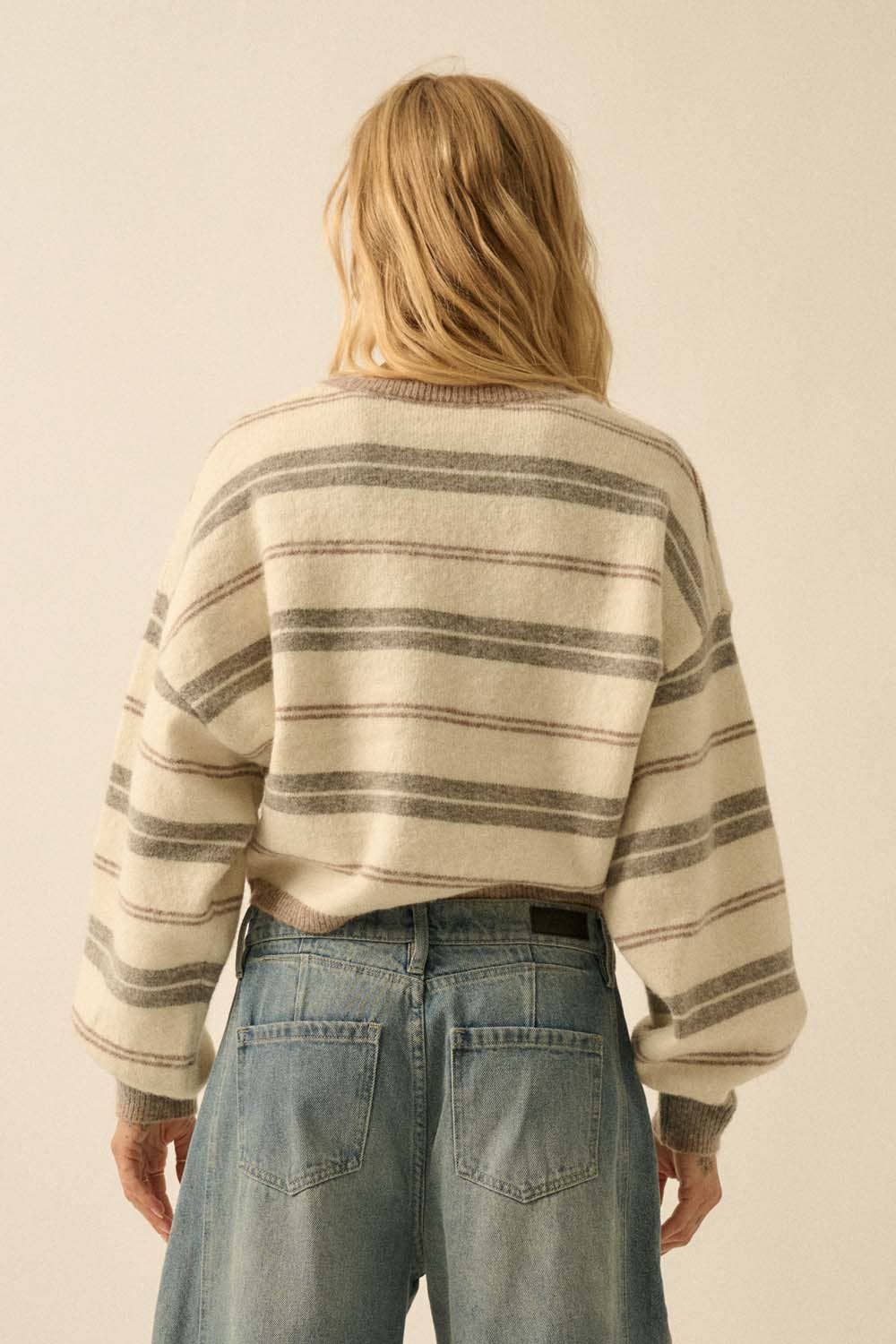 Striped Knit Dolman-Sleeve Loose-Fit Sweater