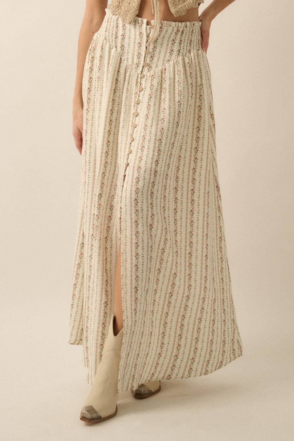 Floral-stripe Yoke-Waist Button-Front Maxi Skirt