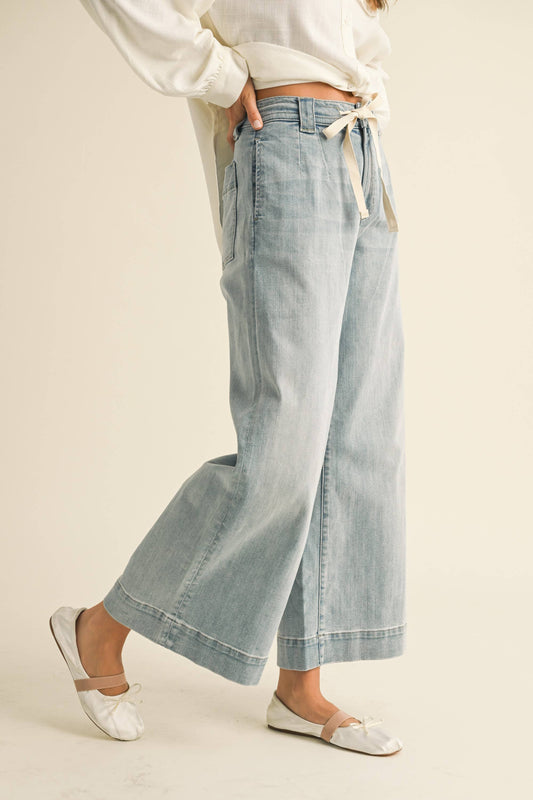 Washed Denim Front Tie Pant
