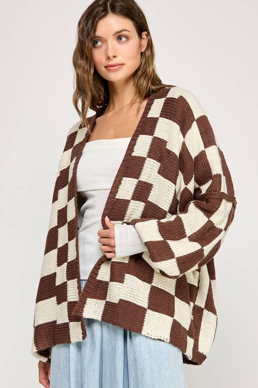 Checkered Drop Shoulder Cardi