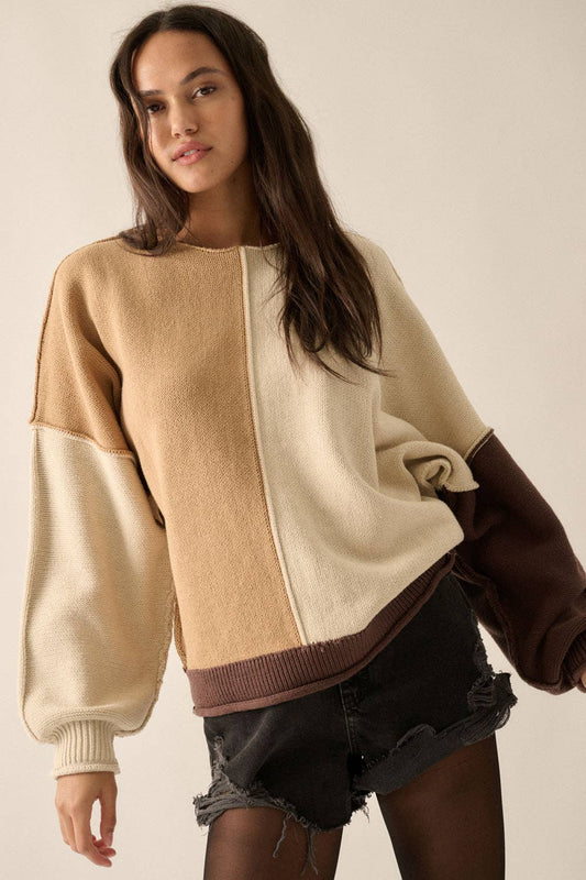 Colorblock Boat-Neck Expose-Seam Sweater