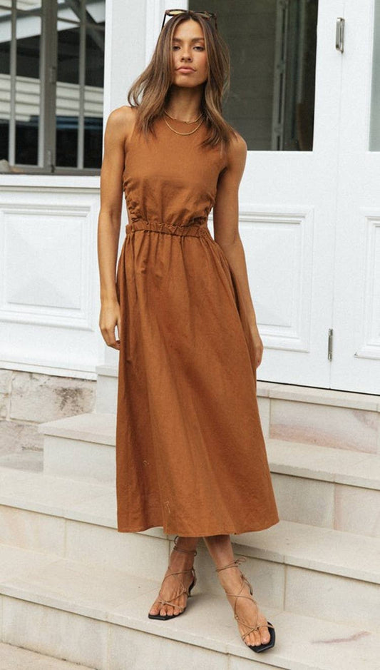 Elastic Strap Back Sleeveless Midi Dress