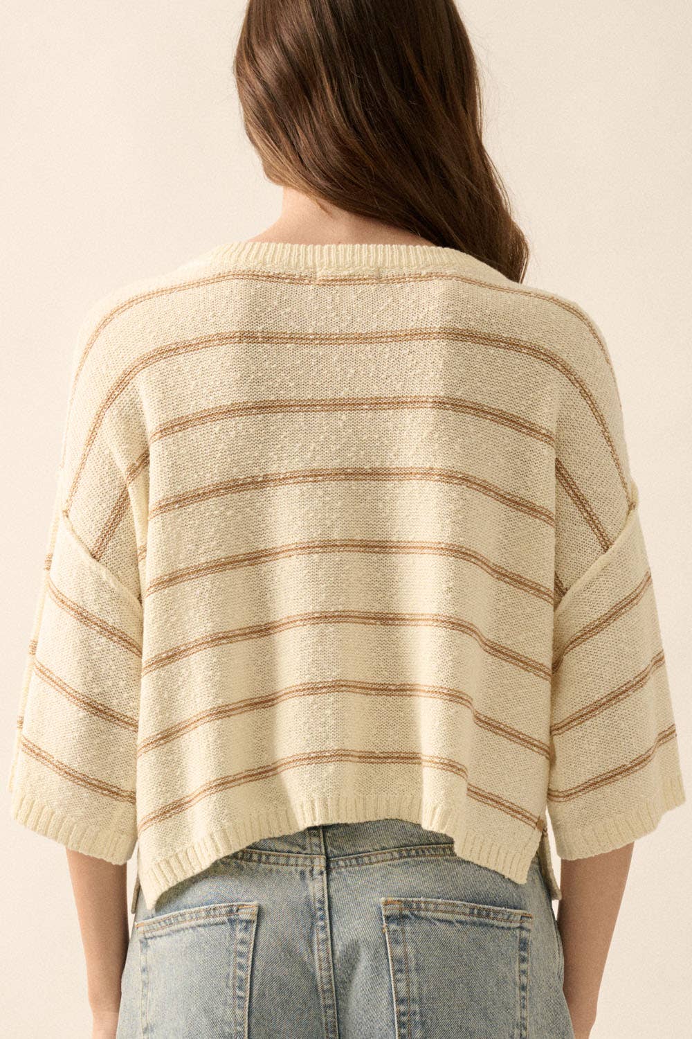 Striped Knit Boat Neck 3/4 Sleeve Loose Sweater
