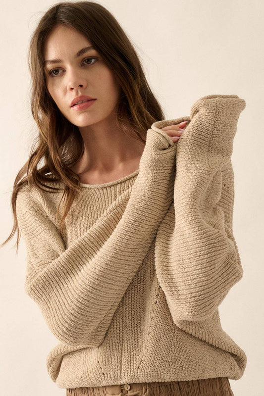 Simple Rib-Knit Dolman-Sleeve Sweater