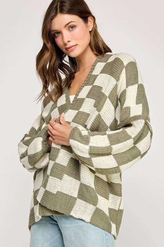 Checkered Drop Shoulder Cardi