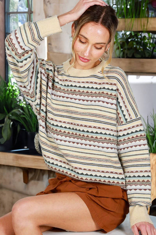 Vintage Crew Neck Stripe Pattern Sweater