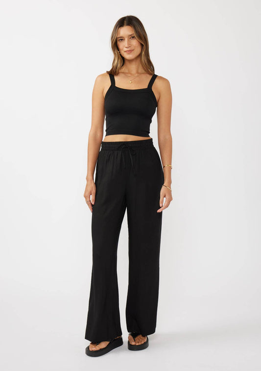 Ruffled Waist Washed Linen Cotton Wide-Leg Pants