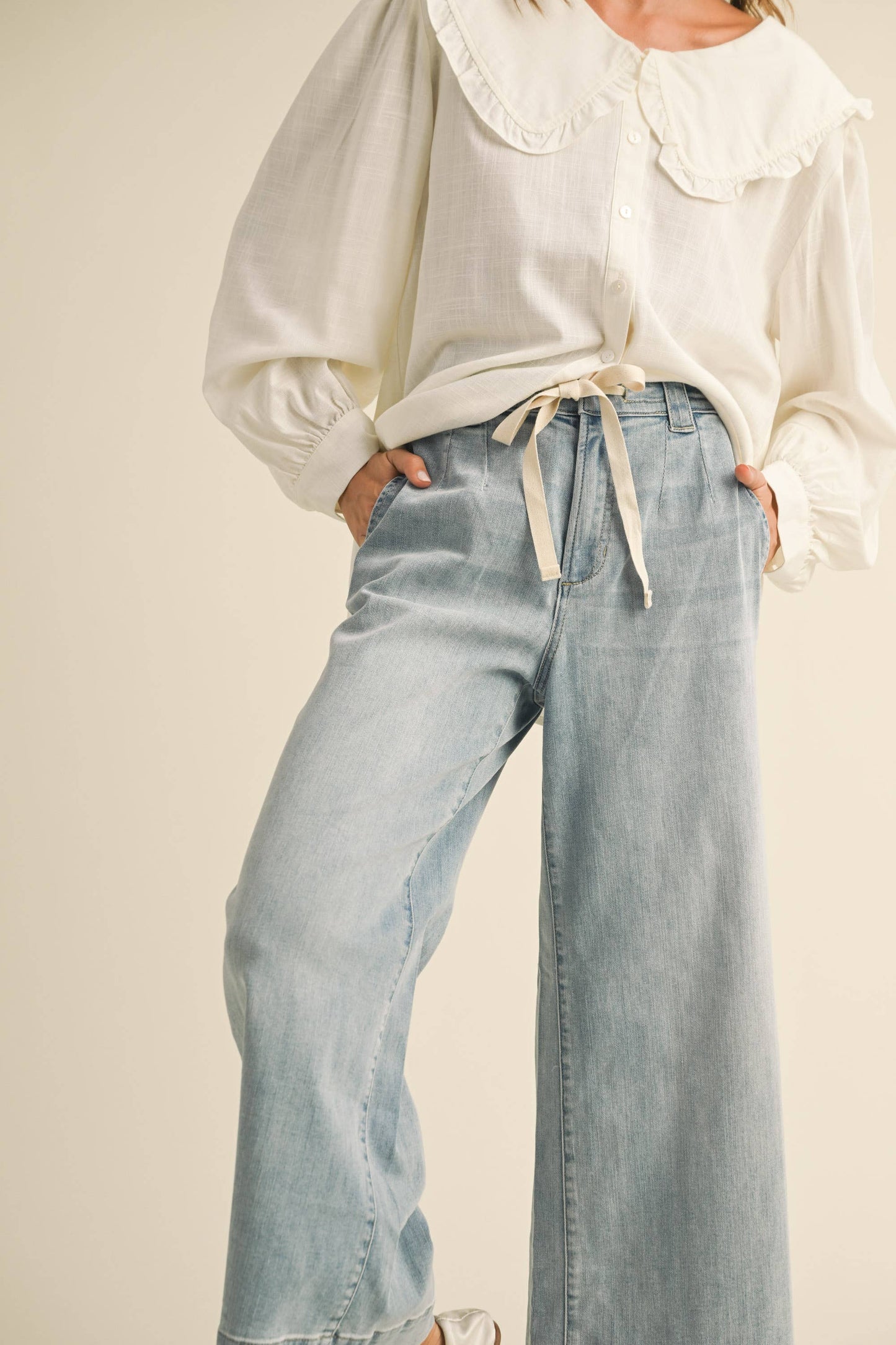 Washed Denim Front Tie Pant