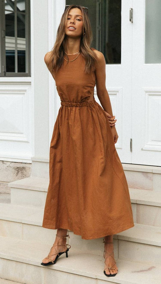 Elastic Strap Back Sleeveless Midi Dress