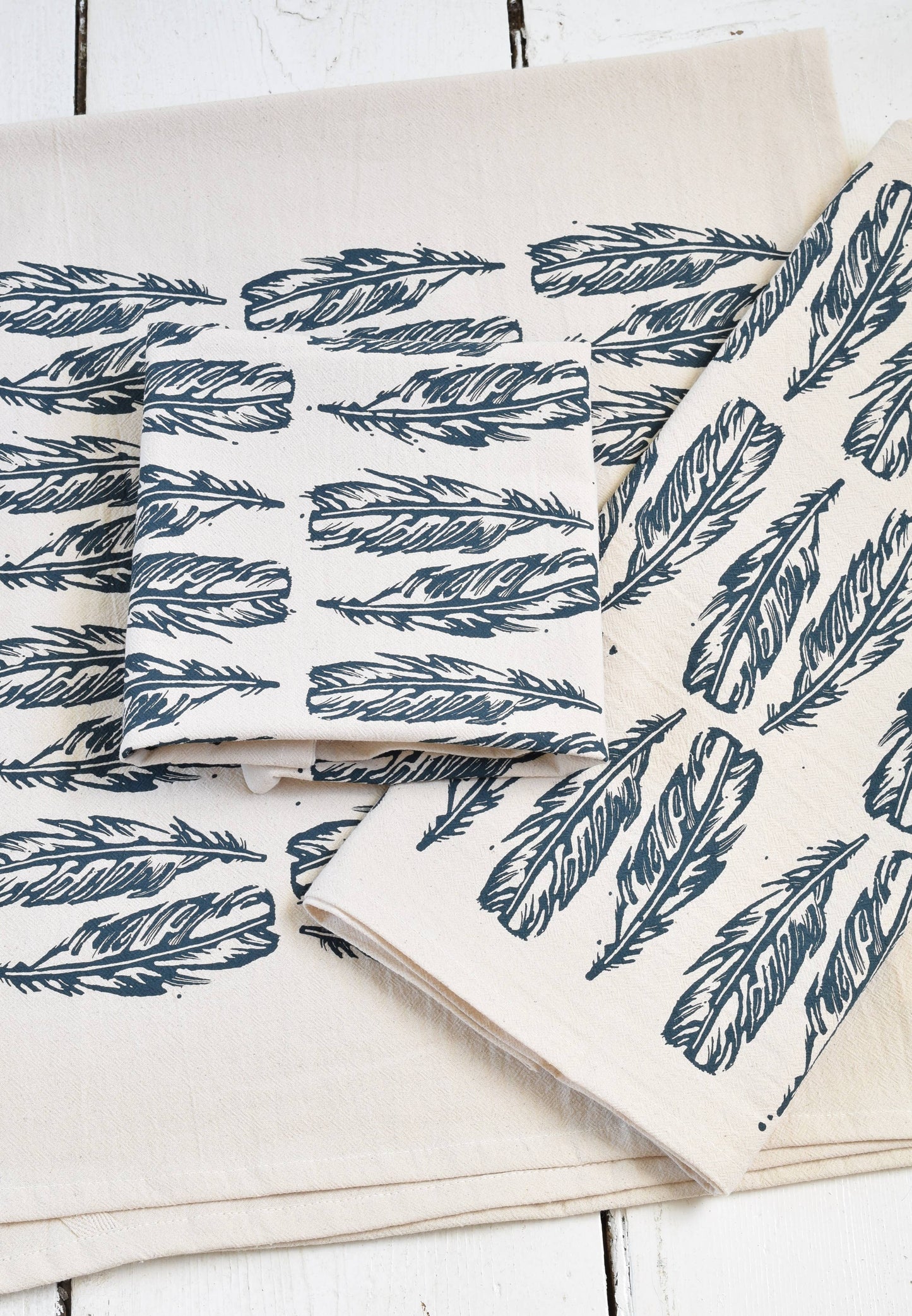 Block Feathers Tea Towel - Organic Cotton - Navy Blue