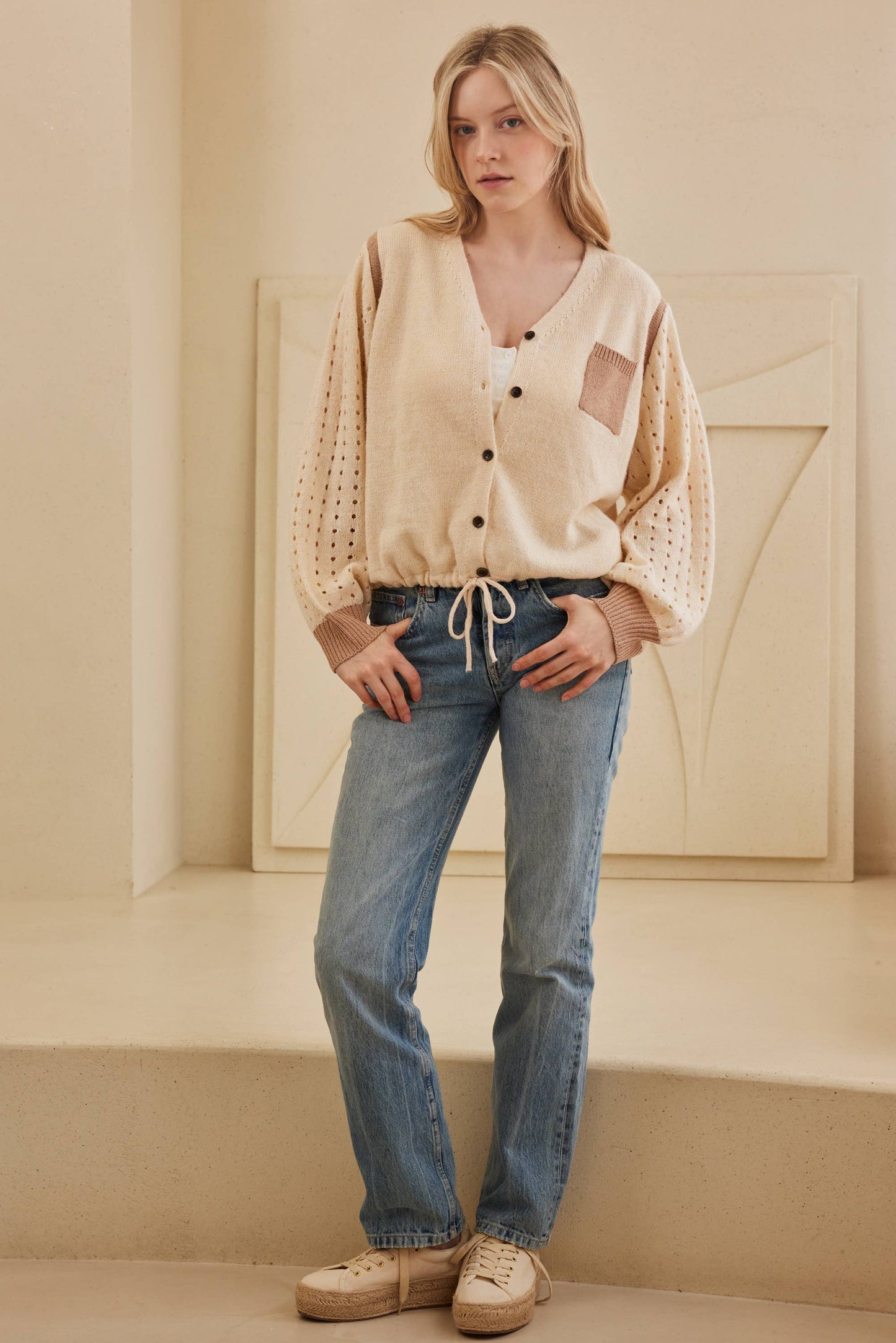 V Neck Button Down Cardigan with Crochet Sleeve