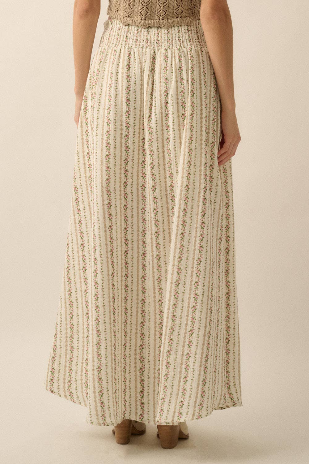 Floral-stripe Yoke-Waist Button-Front Maxi Skirt