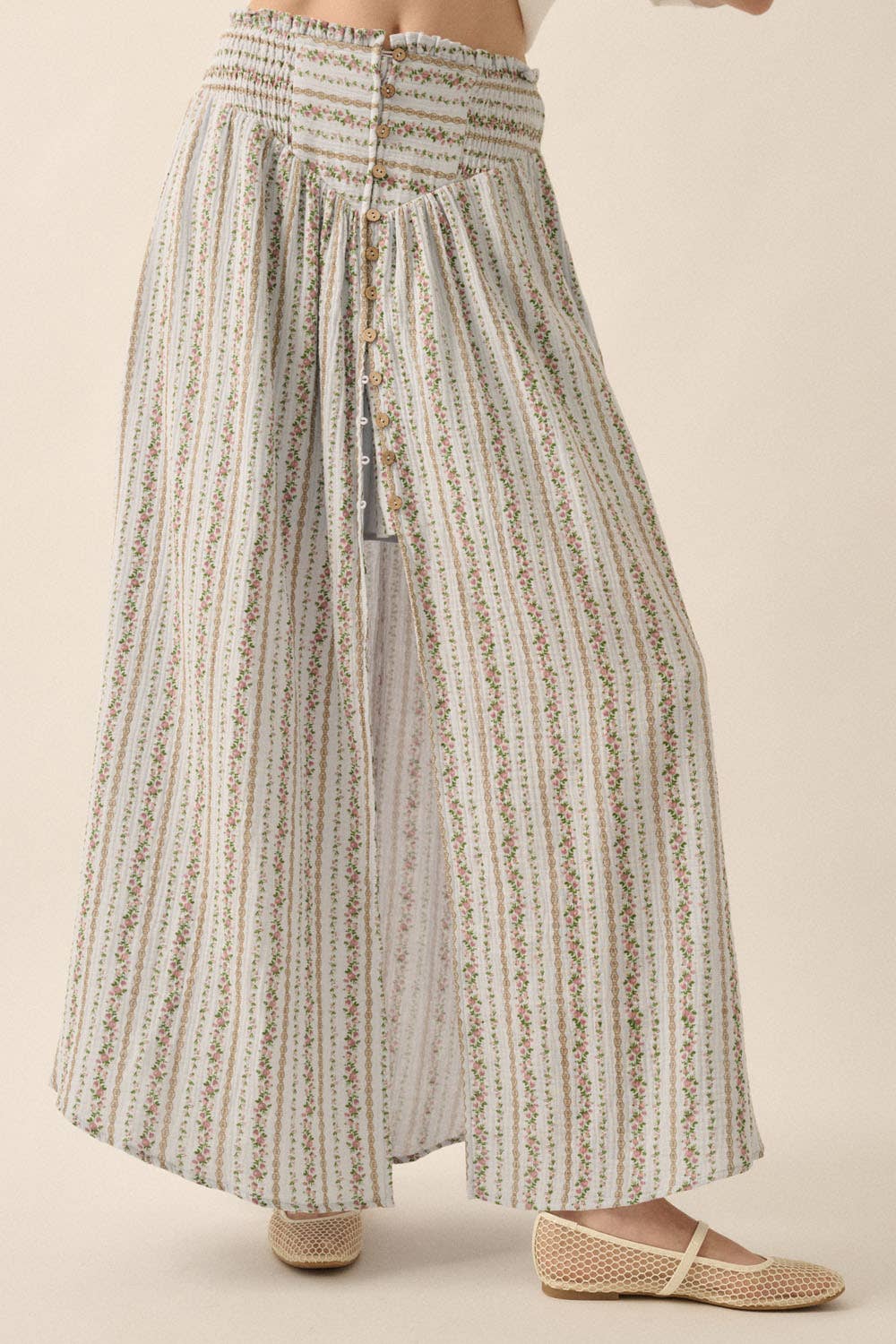 Floral-stripe Yoke-Waist Button-Front Maxi Skirt