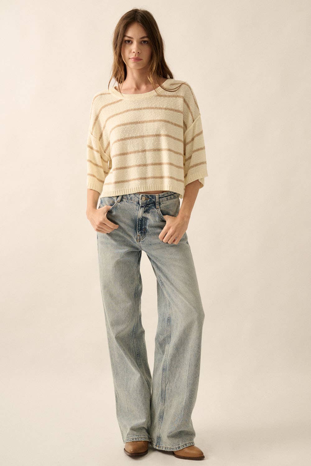 Striped Knit Boat Neck 3/4 Sleeve Loose Sweater