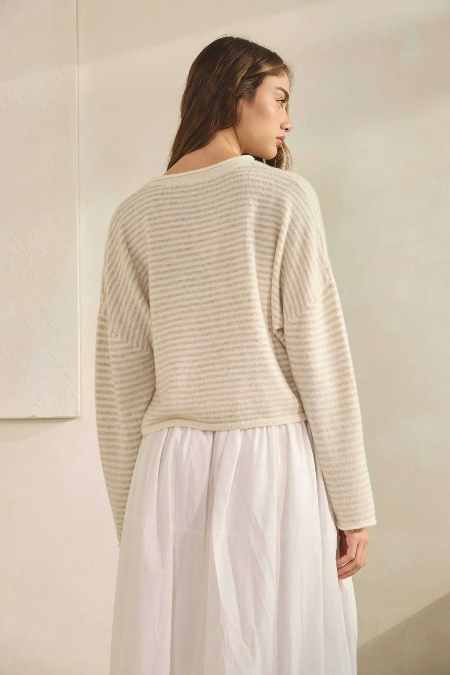NSW3073 Babe Striped Roll Up Neck Sweater-ECRU
