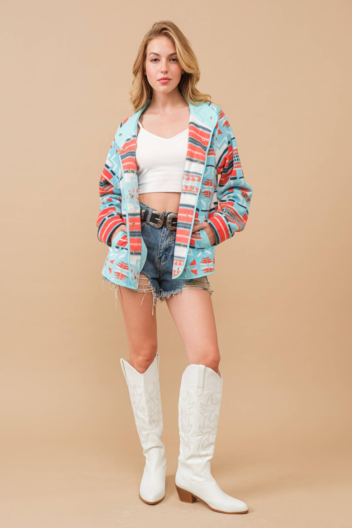Cozy Aztec Fleece Print Outdoor Jacket