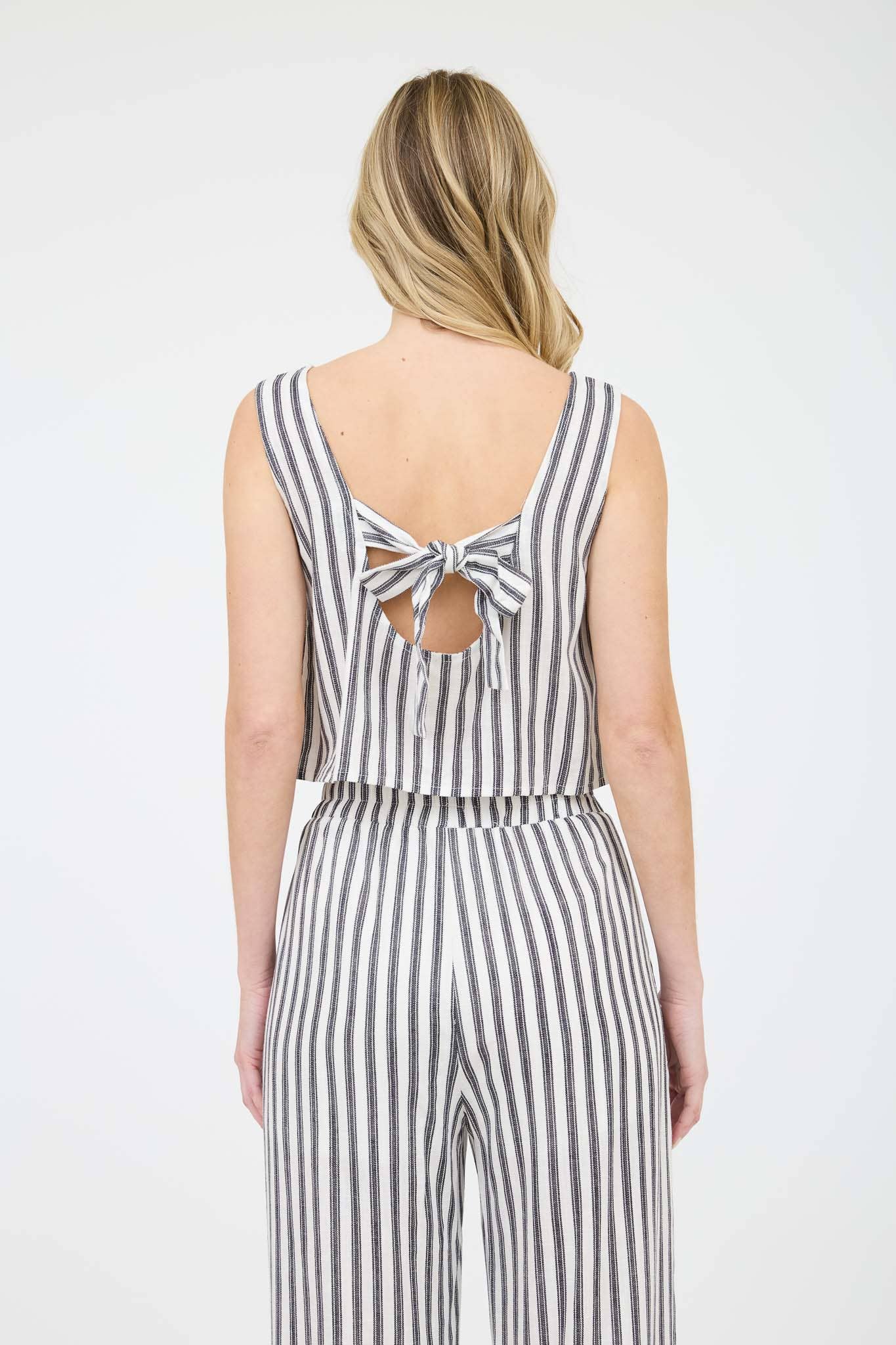 STRIPE LINEN BACK TIE DETAIL SLEEVELESS TOP