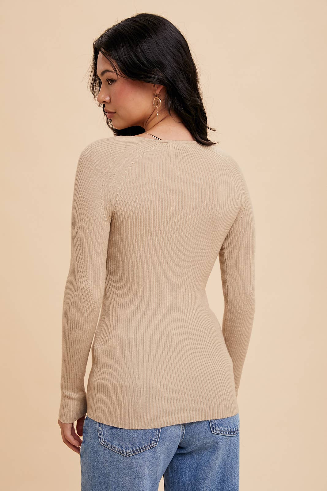 Ribbed Notched V Neck Long Sleeve