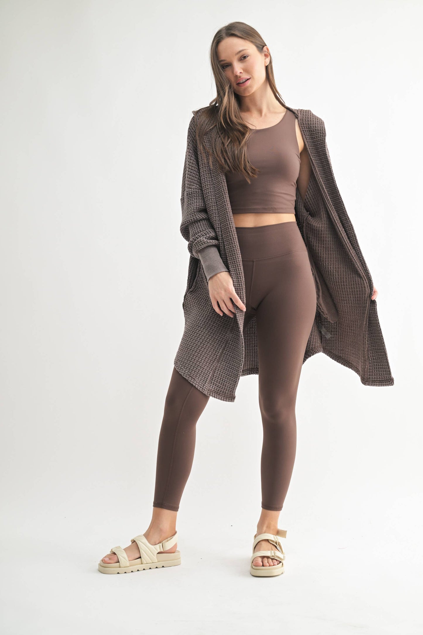 Chunky Waffle Mineral Wash Hooded Open Cardigan