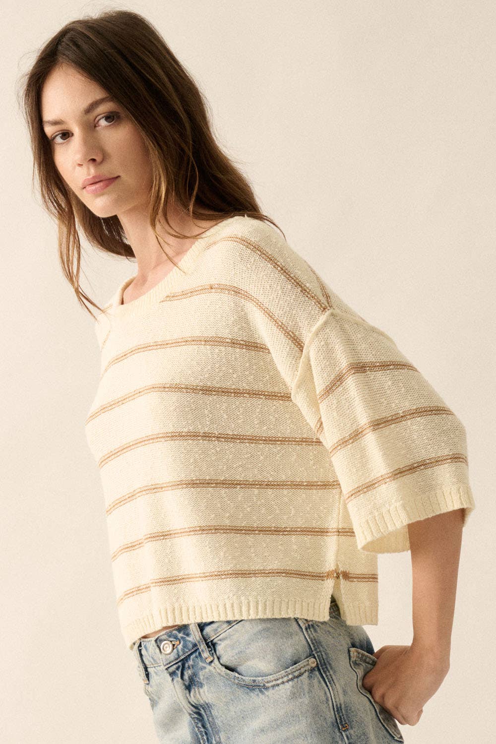 Striped Knit Boat Neck 3/4 Sleeve Loose Sweater