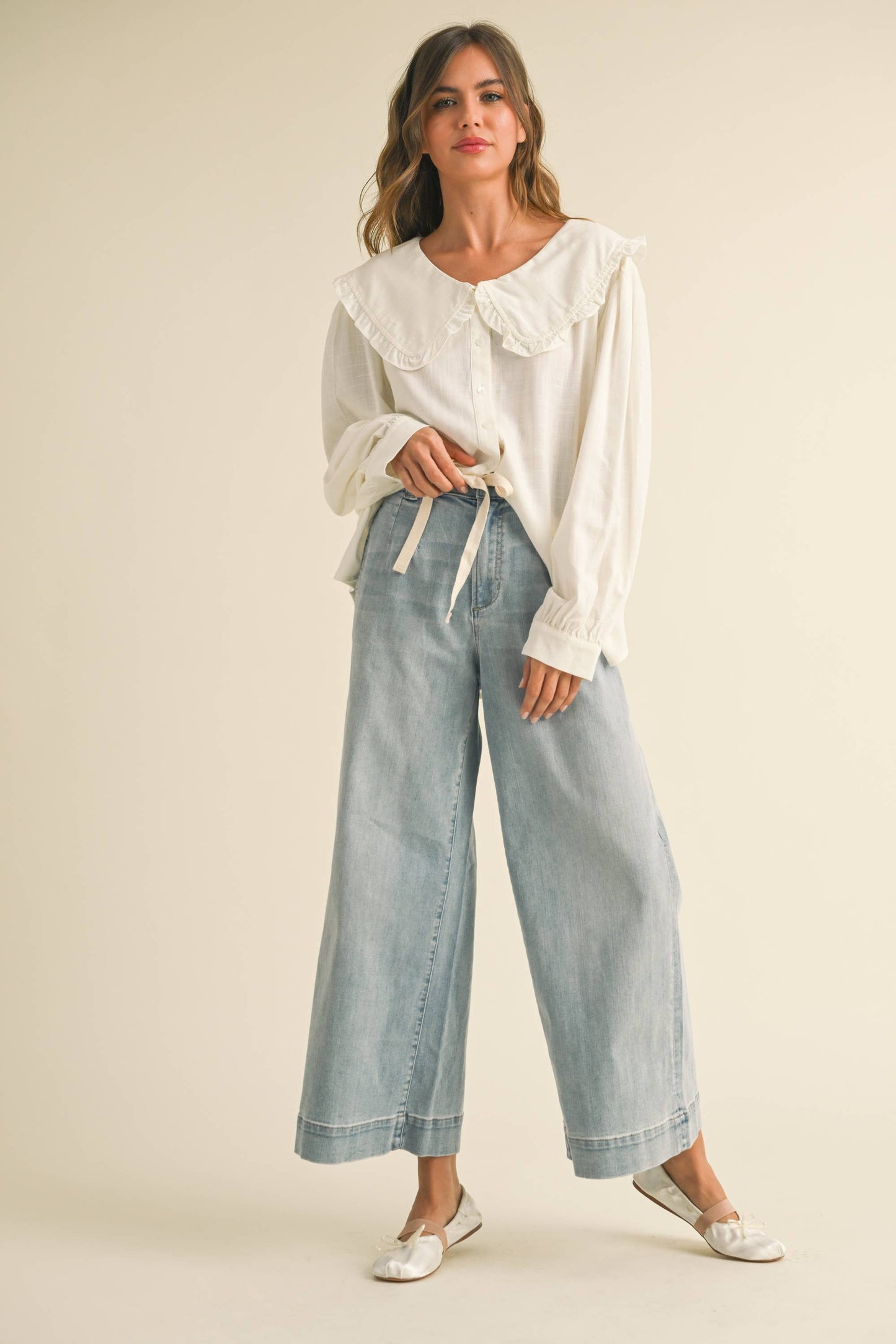 Washed Denim Front Tie Pant