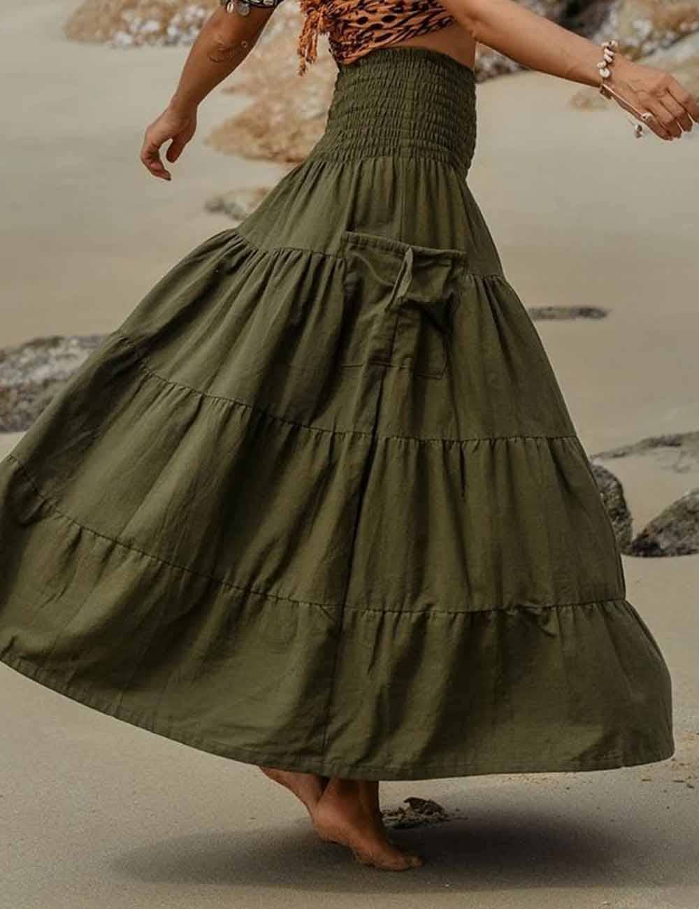 Boho Smocking Pocket Ruched Maxi Skirt