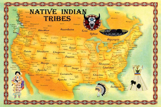 Postcard. Native Indian Tribes of North America Map.