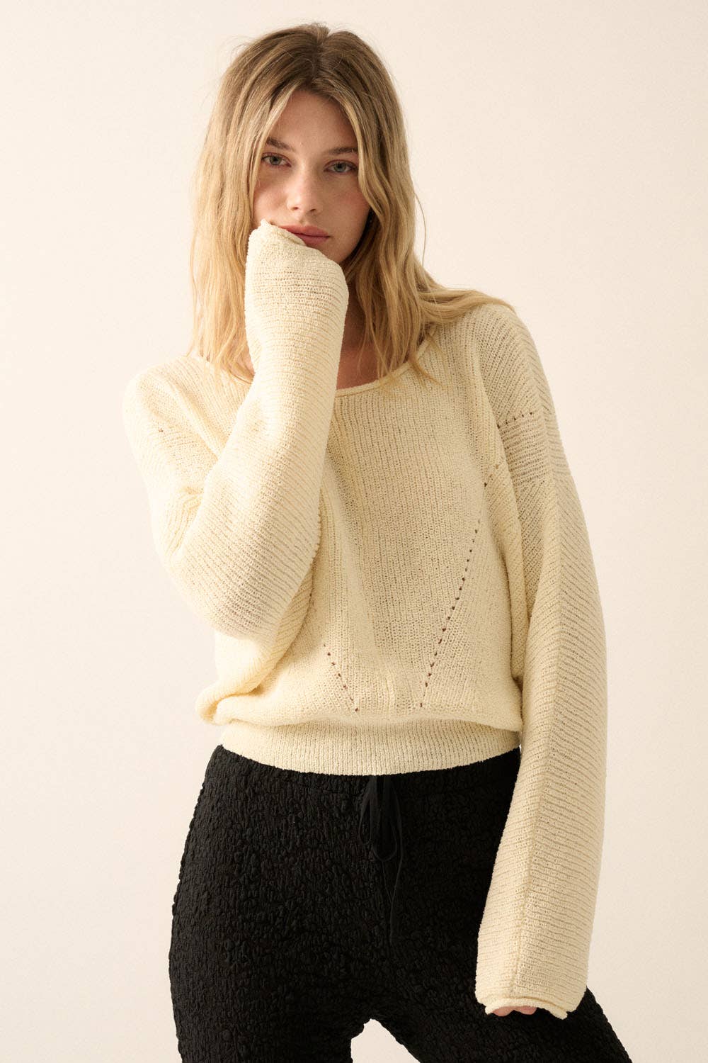 Simple Rib-Knit Dolman-Sleeve Sweater