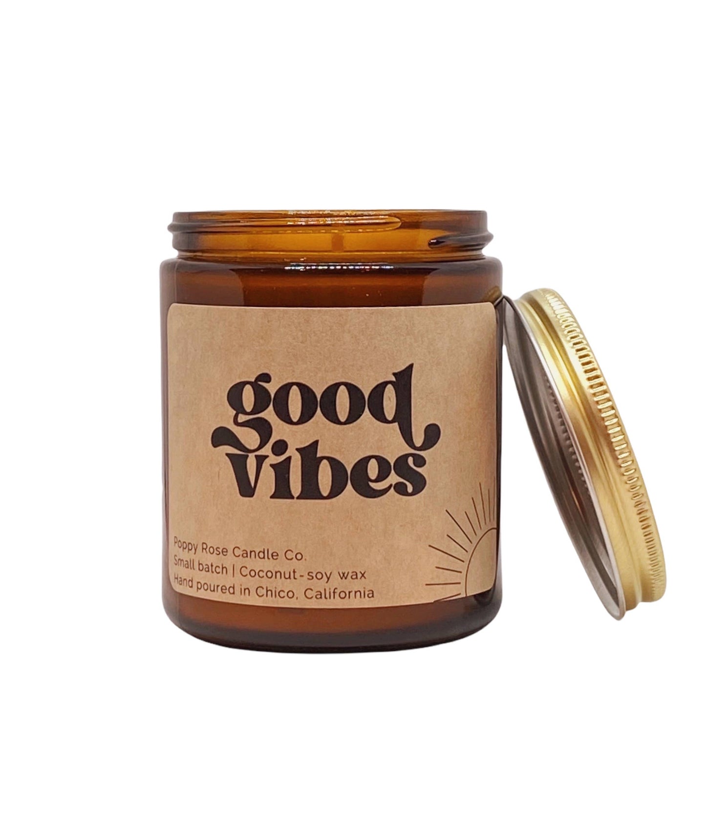 Good Vibes 8 oz coconut wax amber jar candle