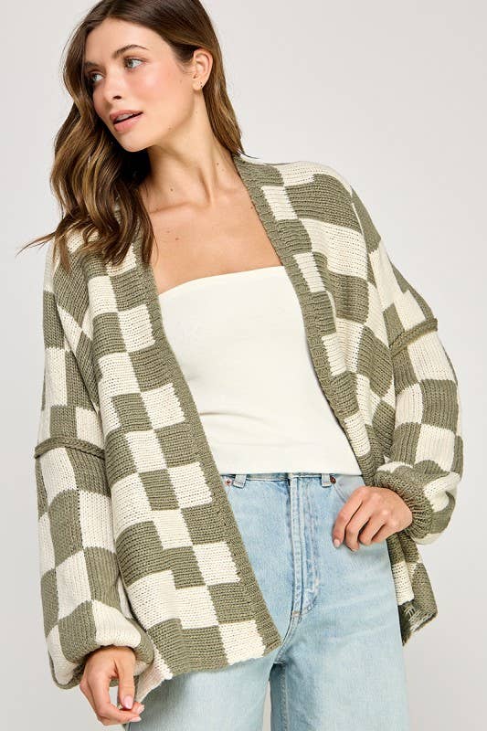 Checkered Drop Shoulder Cardi