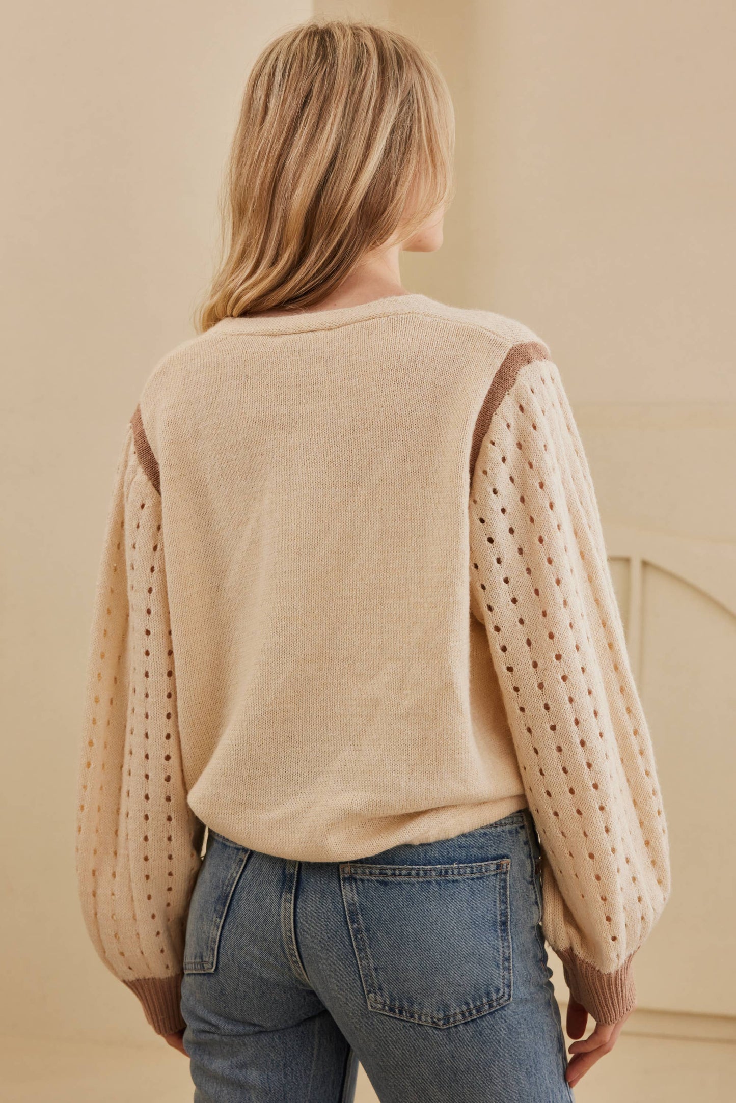 V Neck Button Down Cardigan with Crochet Sleeve