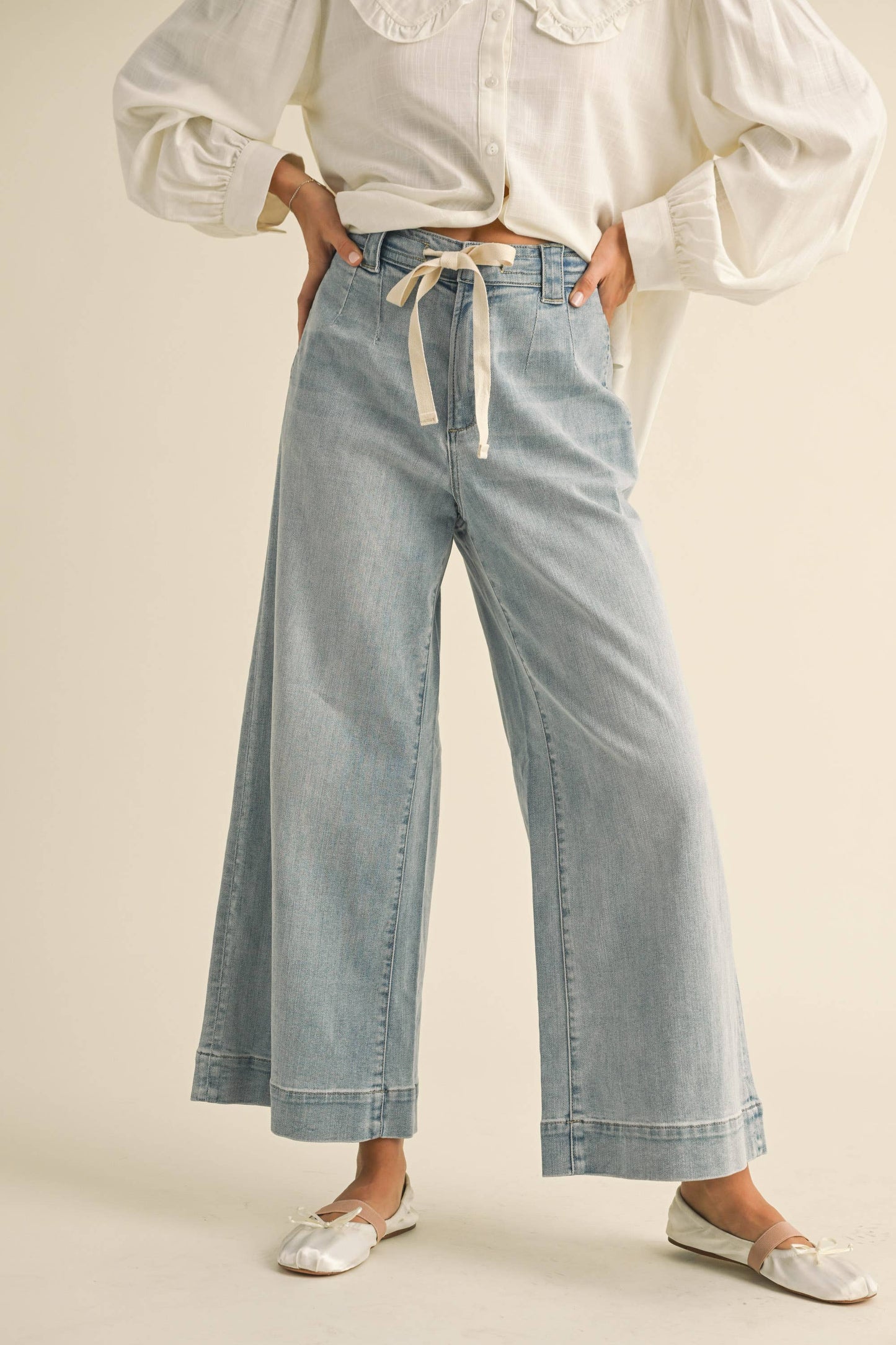 Washed Denim Front Tie Pant
