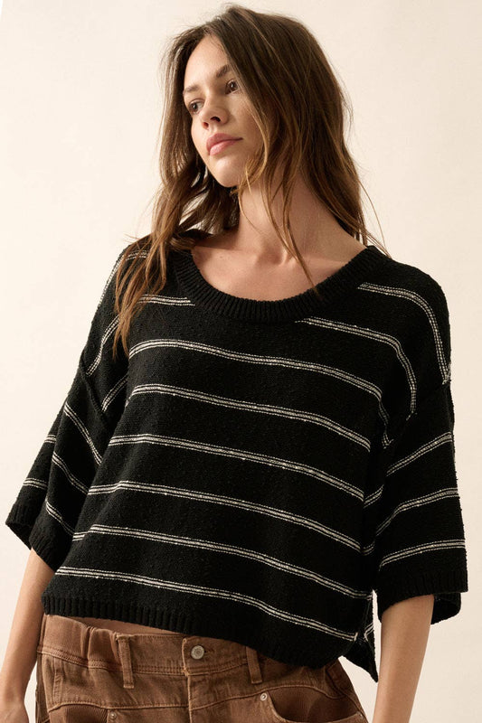 Striped Knit Boat Neck 3/4 Sleeve Loose Sweater