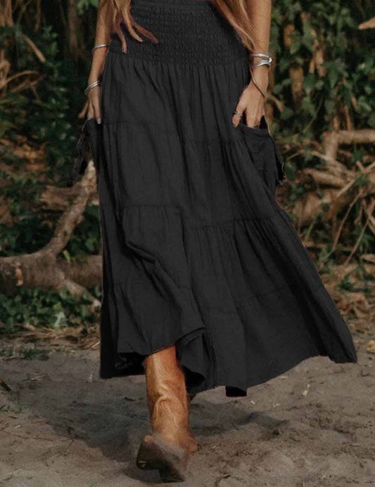Boho Smocking Pocket Ruched Maxi Skirt