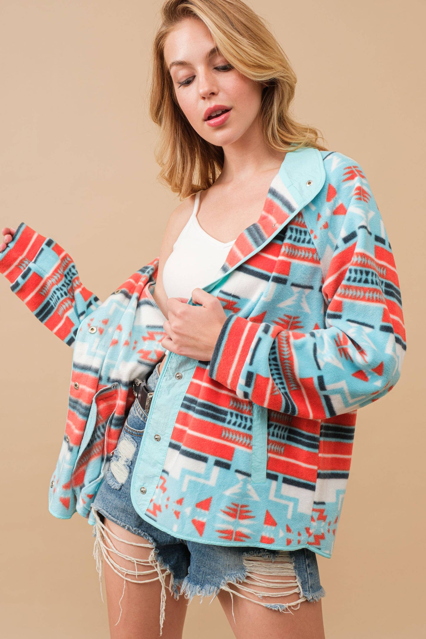 Cozy Aztec Fleece Print Outdoor Jacket