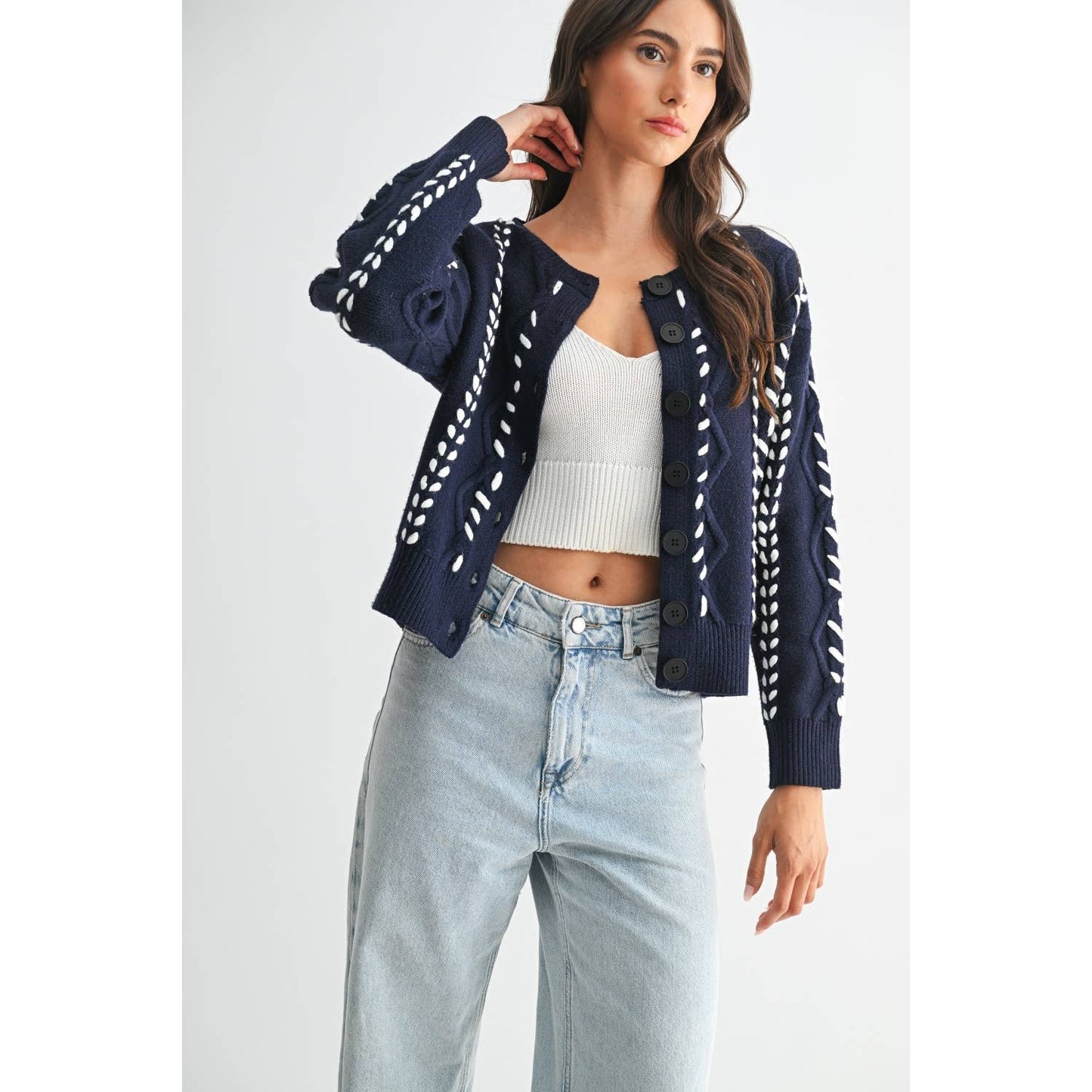 Indigo Ribbon Stich Cable Sweater