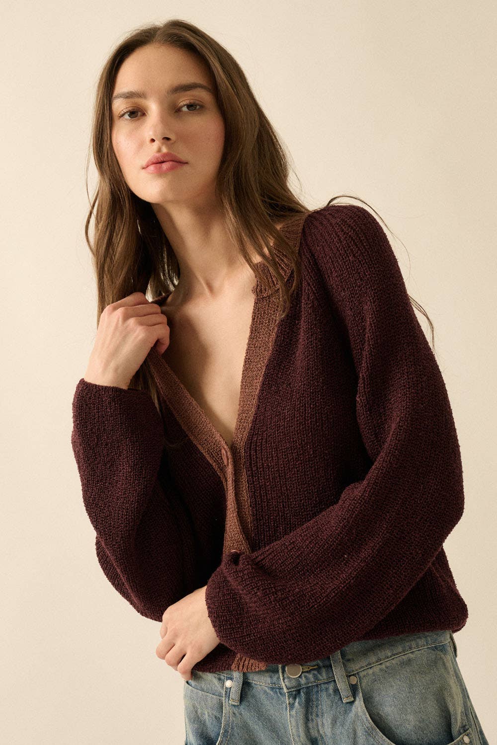 Ribbed Knit Contrast Cardigan Sweater