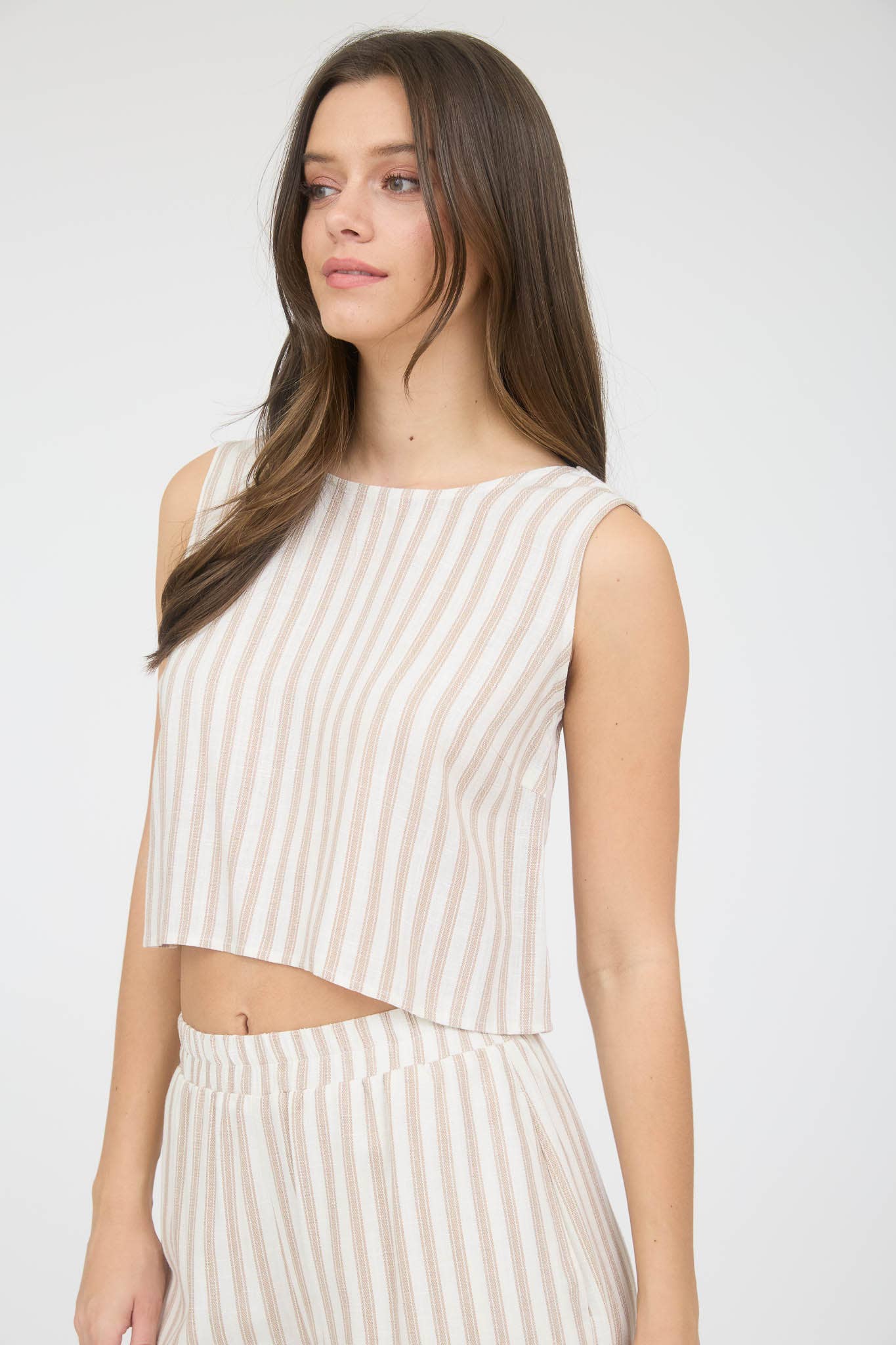 STRIPE LINEN BACK TIE DETAIL SLEEVELESS TOP