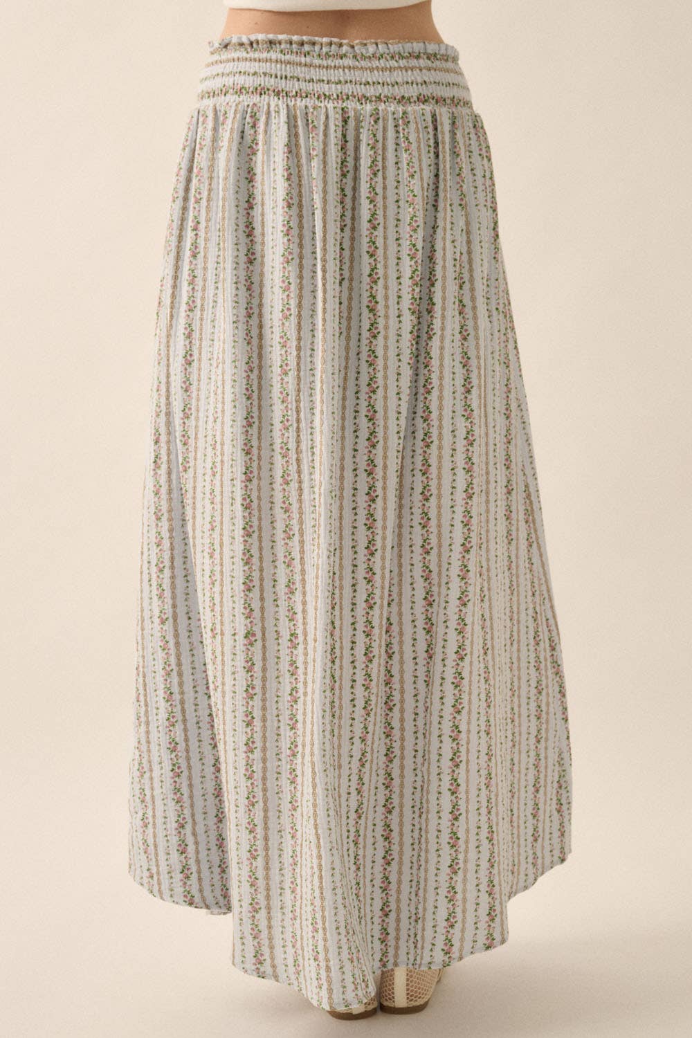 Floral-stripe Yoke-Waist Button-Front Maxi Skirt