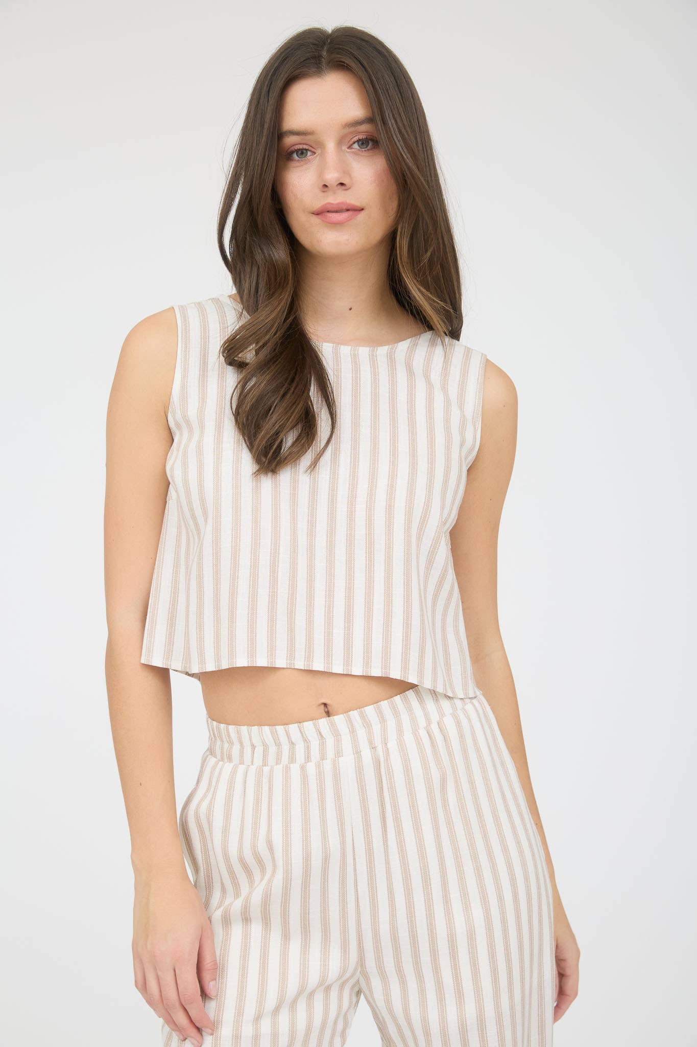 STRIPE LINEN BACK TIE DETAIL SLEEVELESS TOP