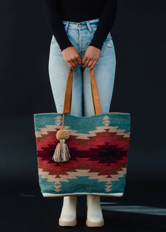 Teal, Burgundy & Tan Aztec Tote
