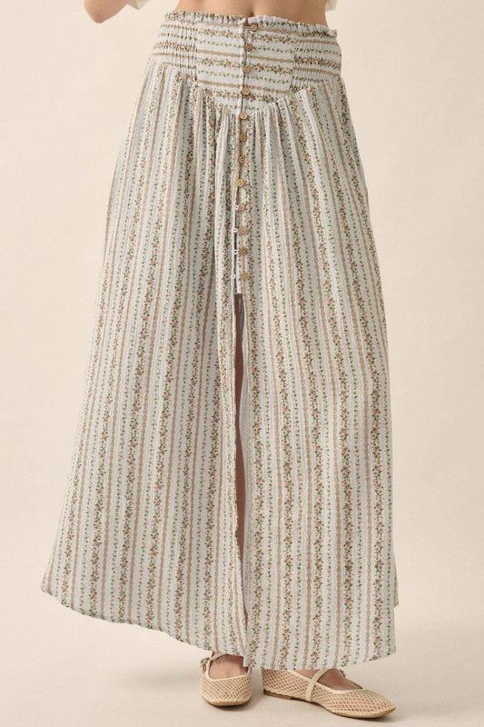 Floral-stripe Yoke-Waist Button-Front Maxi Skirt