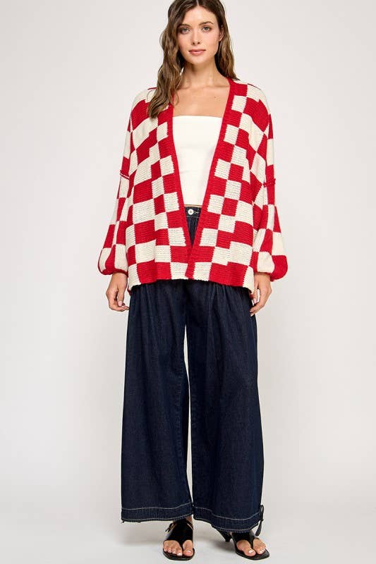 Checkered Drop Shoulder Cardi