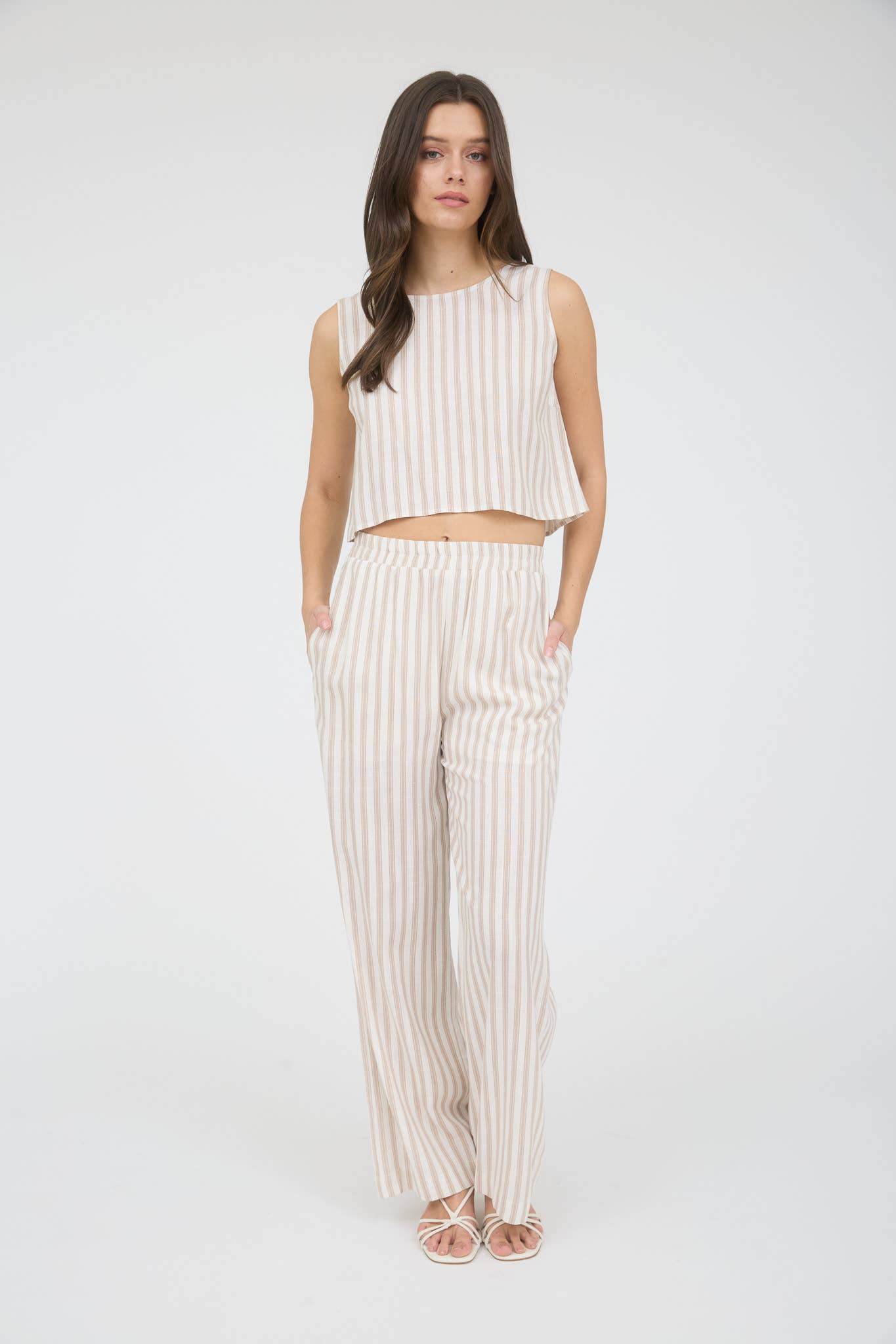 STRIPE LINEN BACK TIE DETAIL SLEEVELESS TOP