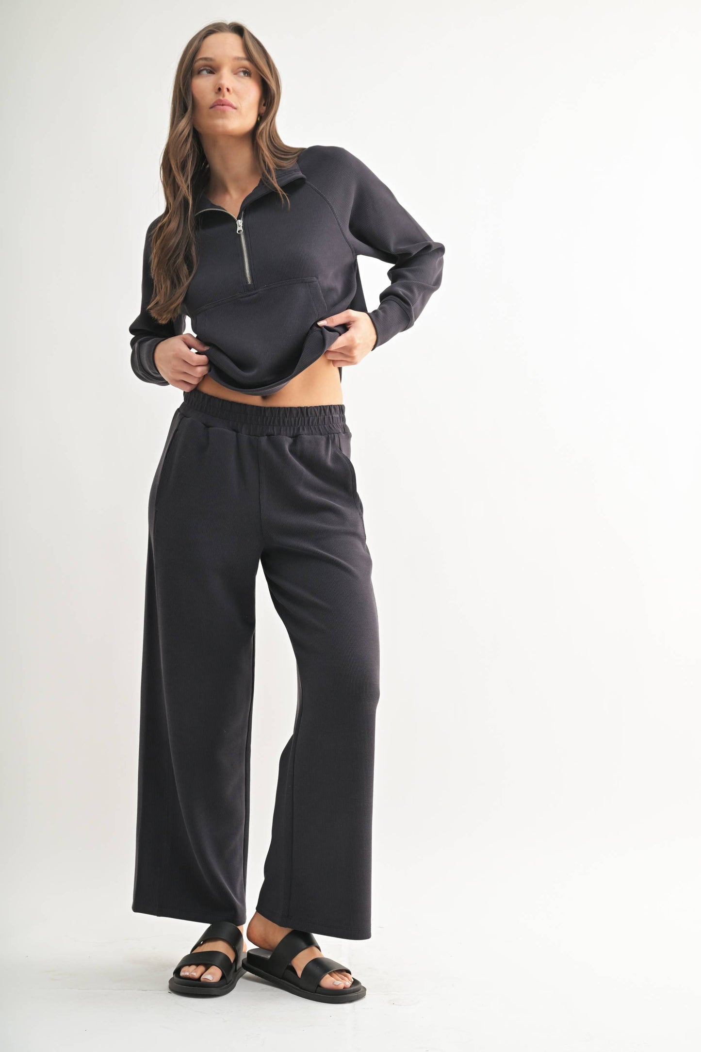 Luxe Sand Wash Rib Wide-Leg Pants