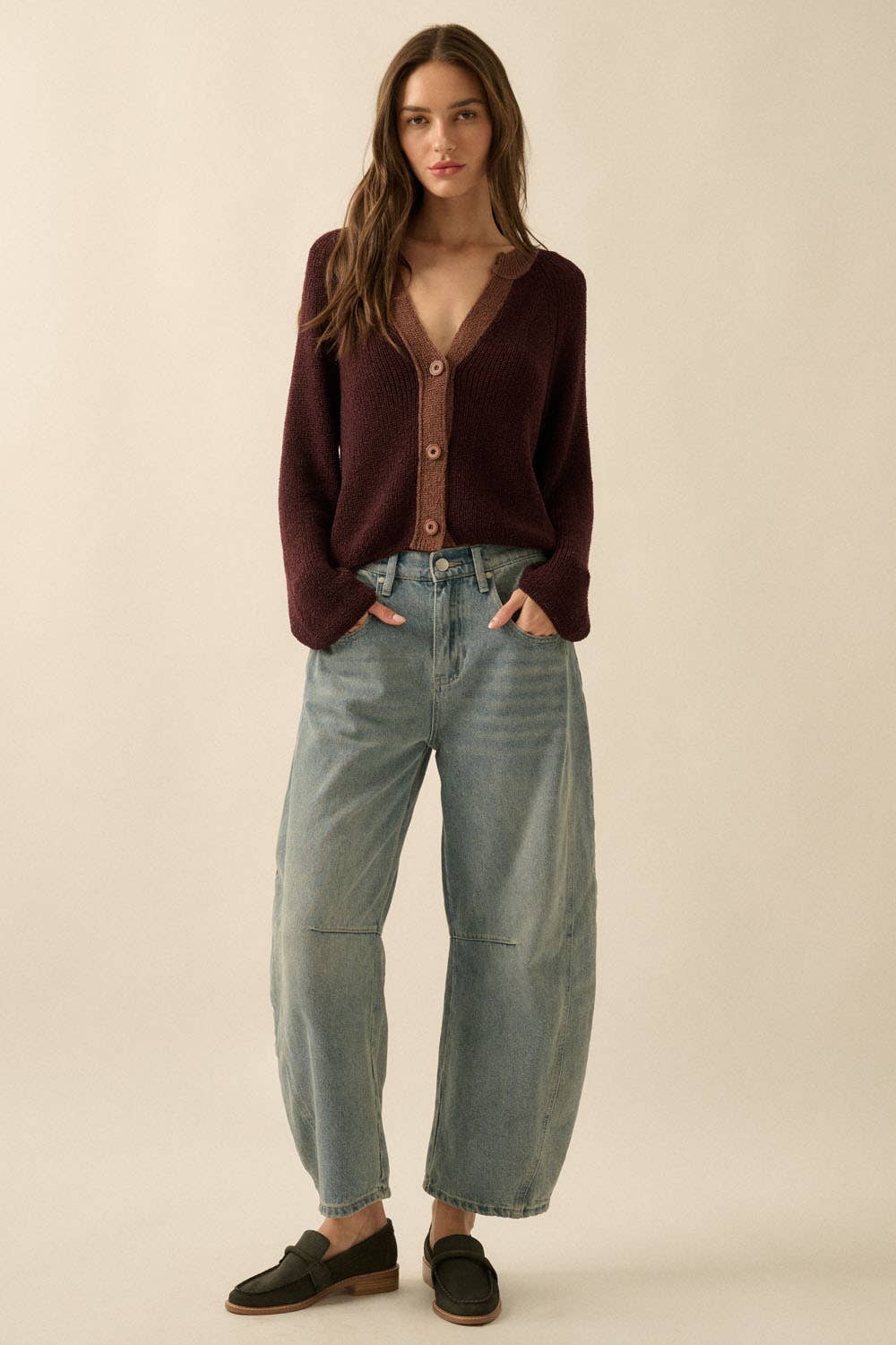 Ribbed Knit Contrast Cardigan Sweater